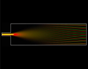 This simulation shows a top-down view of how different light patterns in red and green are generated when fed with input from a waveguide on the left CREDIT Md Nafiz Amin