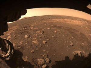 This image was captured while NASAs Perseverance rover drove on Mars for the first time on March 4, 2021 Photo courtesy of NASA
