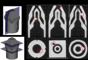 Longitudinal top and axial middle images of X-Ray CT data of parts with 6 internal defects a spherical clog, a stellated shaped clog, a cone shaped void, a blob shaped void, an elliptical warp of the inner channel, and a nonconcentric center nozzle CREDIT